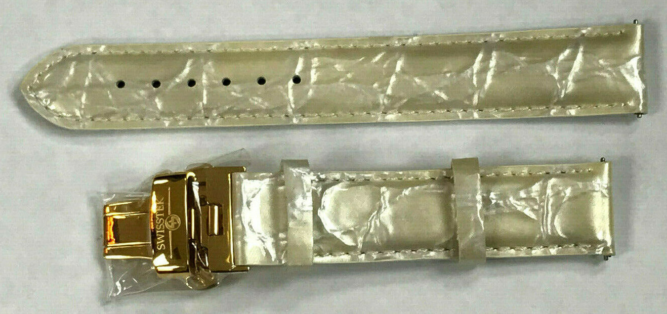 Swisstek 18mm Genuine Leather Strap Stainless Yellow Gold-Tone Deployment Buckle