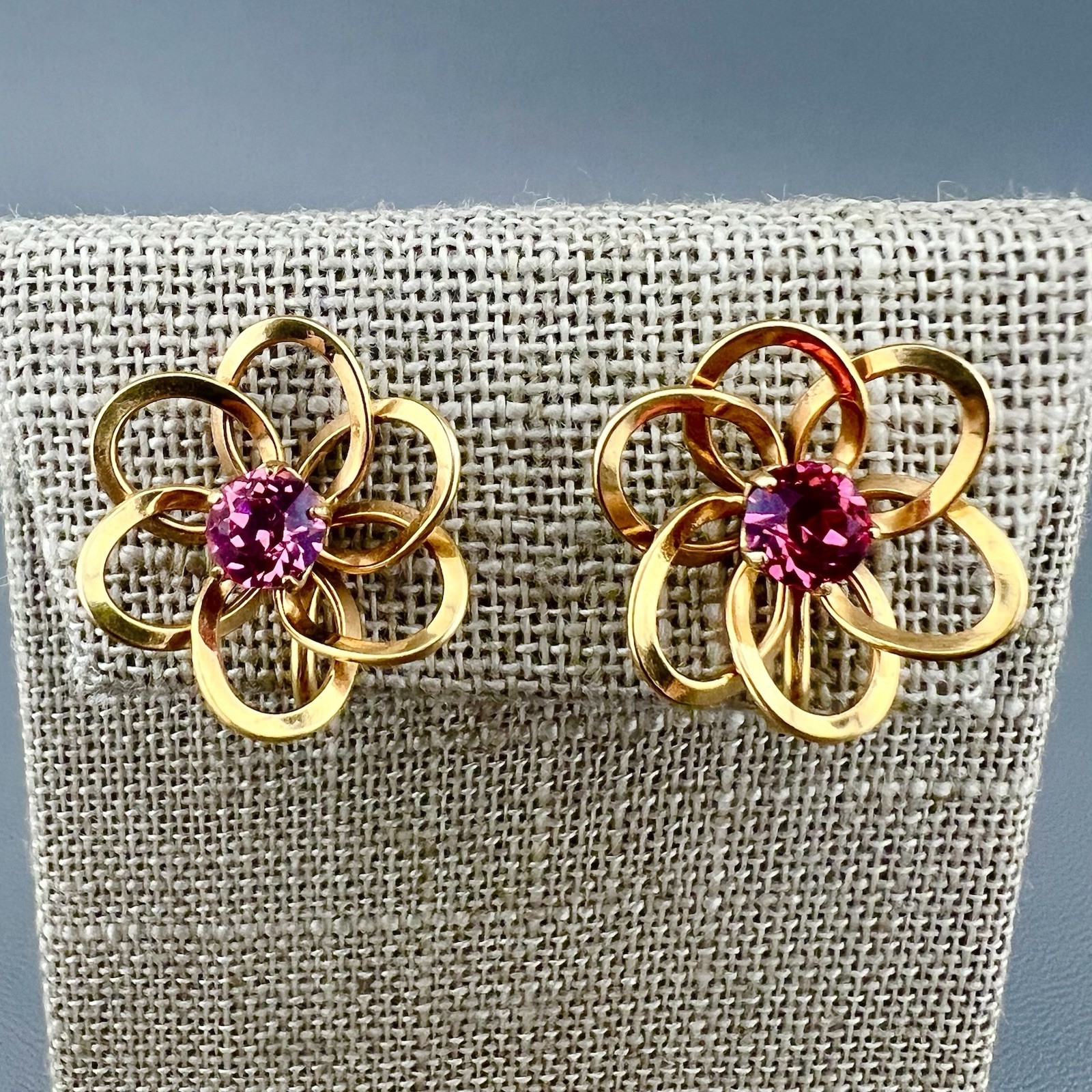 Vintage Earrings Pink Rhinestone Gold Filled Flower Screw Back HG Signed