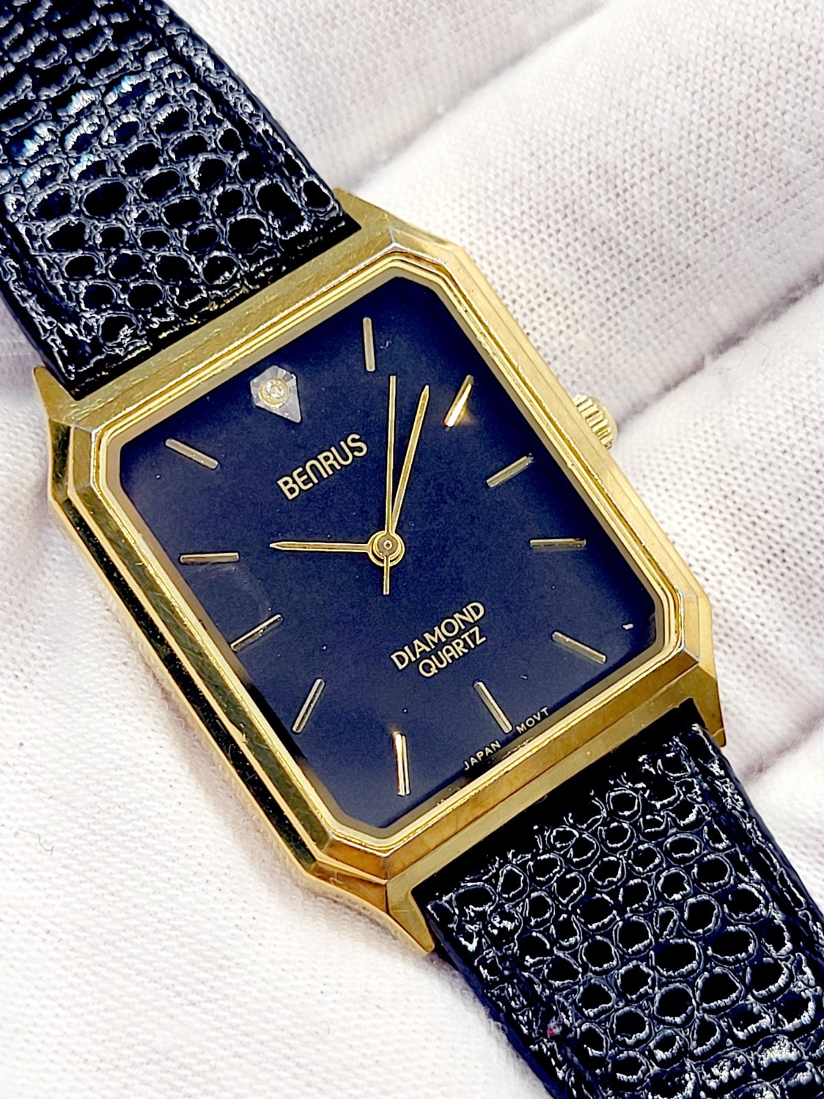 Vintage 1980s Benrus Diamond Quartz Tank Watch Gold Tone Black Dial Japan Made
