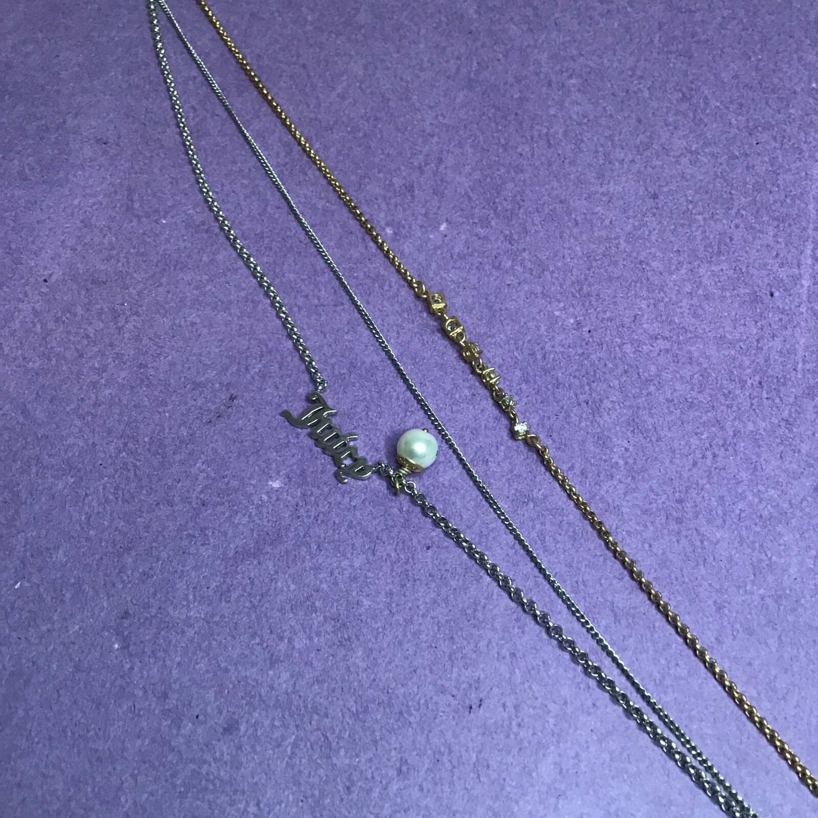 JUICY COUTURE Triple Strand Charm Necklace Let Them Eat Couture Gold & Silver
