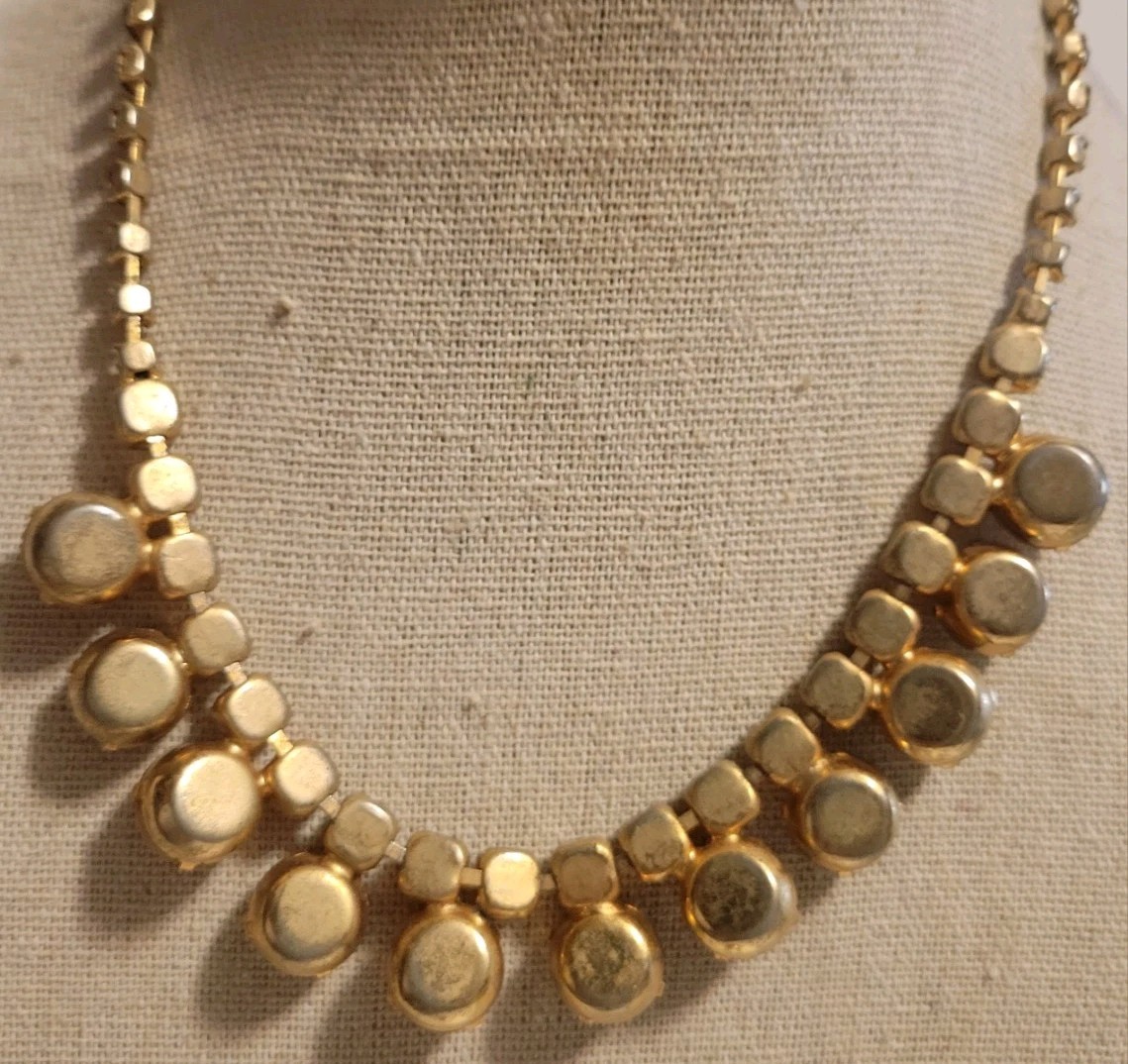 Vintage Necklace Earring Citrine Amber Color Brown Lrg Round Rhinestone 15″ Set