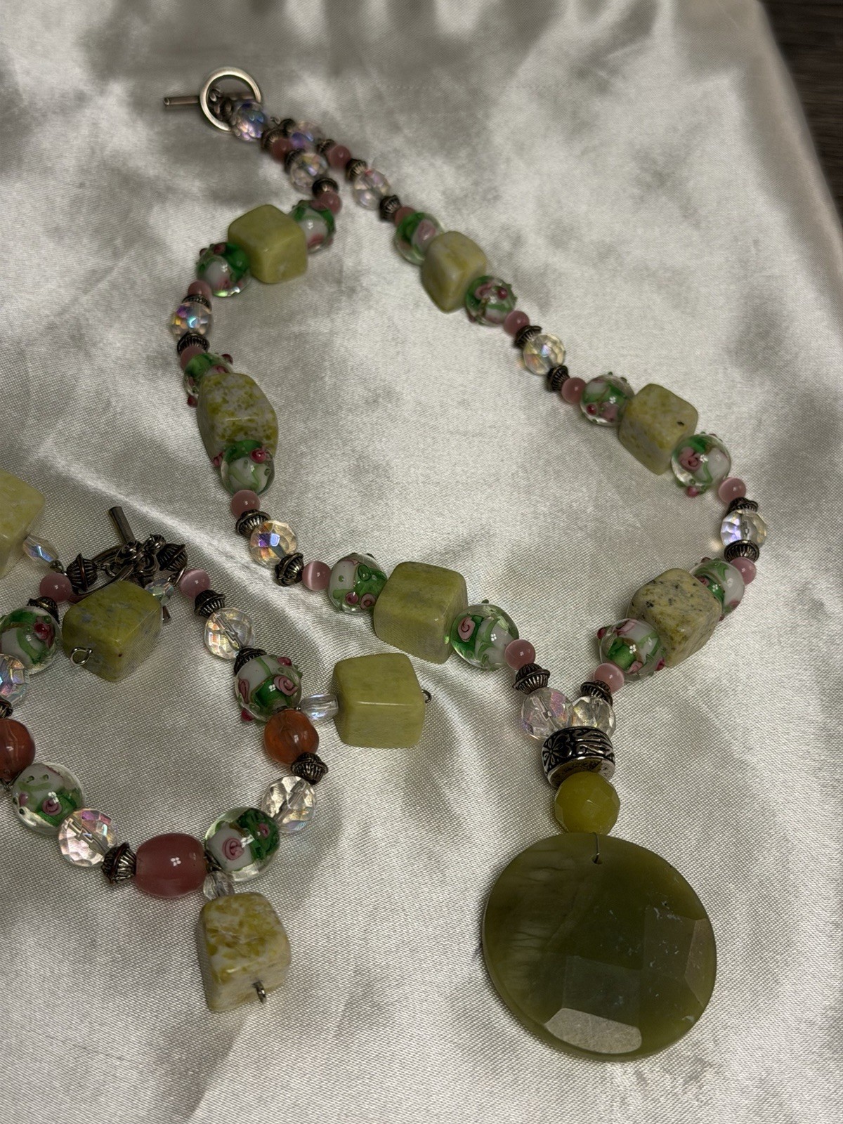 Artisan Lampwork Glass Necklace Bracelet Set Green Stone AB Crystal Floral