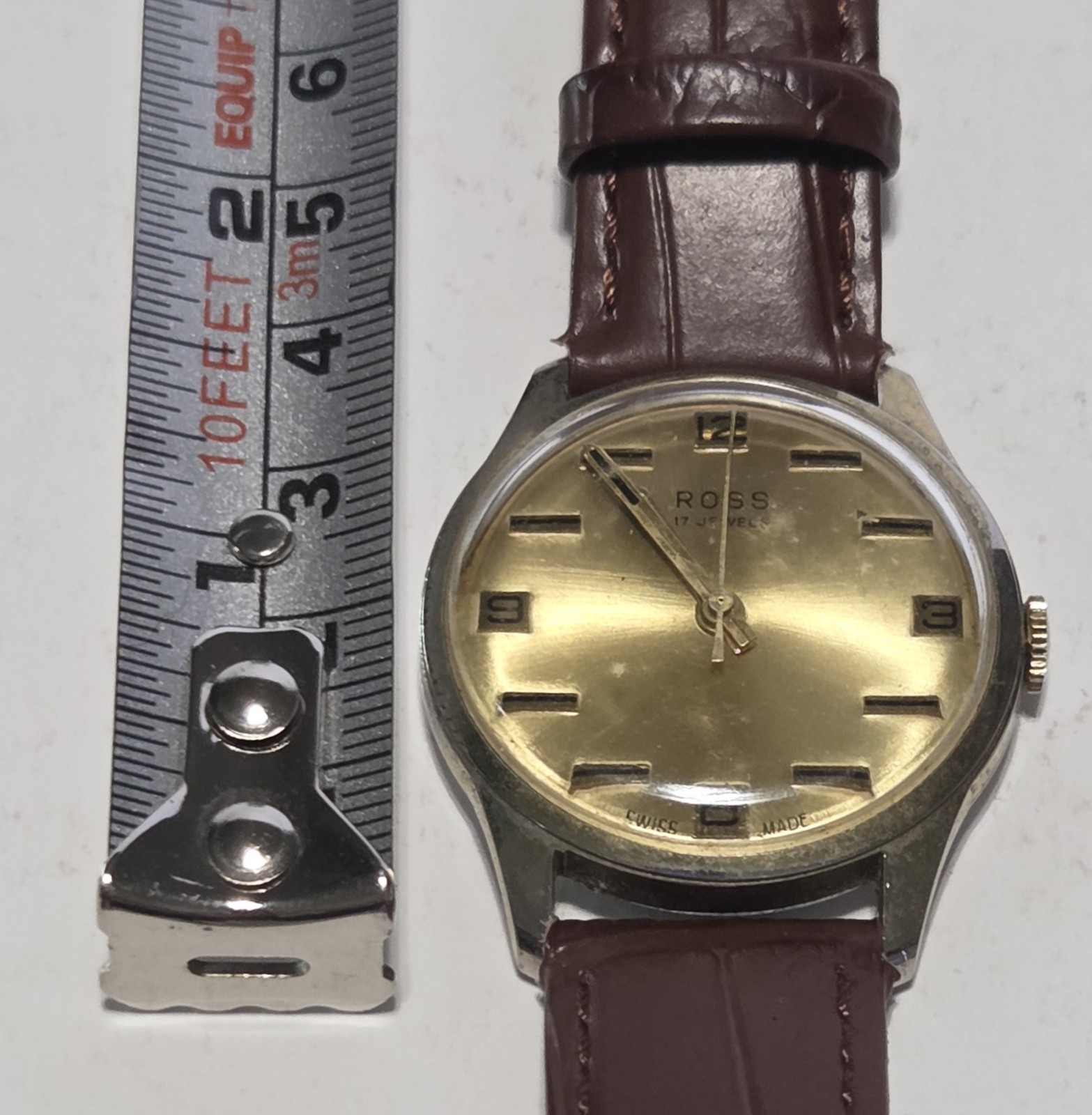Vintage mid-century retro ROSS Swiss made 17J gents watch gold tone brown strap