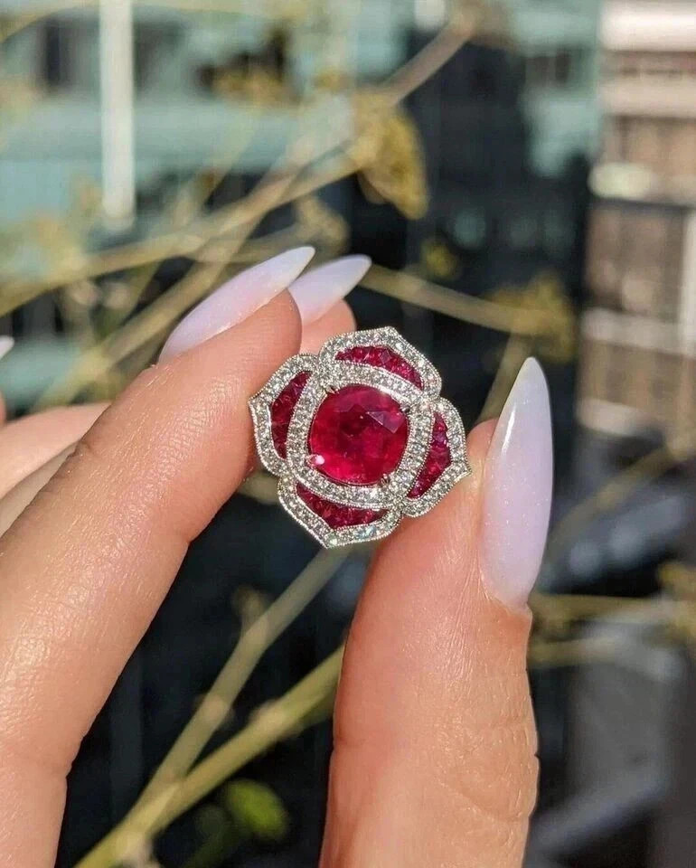 2.80Ct Cushion Cut Natural Ruby & Diamond Solid 14k White Gold Engagement Ring