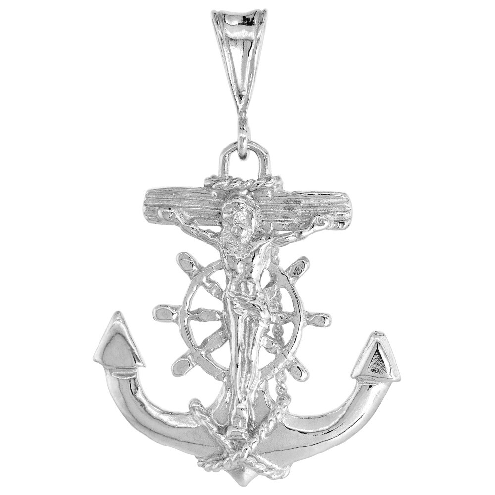 925 Sterling Silver Anchor Mariner Crucifix Cross Pendant 1 1/4 Inch (31mm)