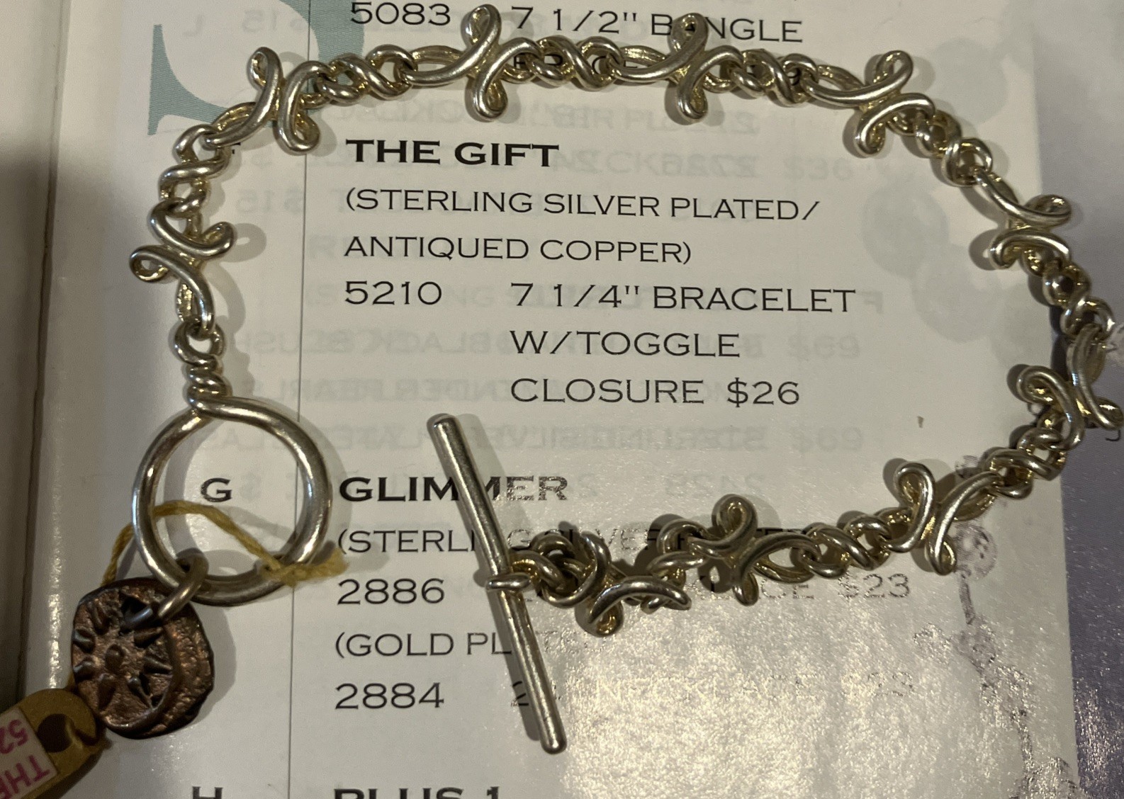 Vintage 2002 Premier Designs The Gift Antiqued SS Plated Bracelet 7.25″ Toggle