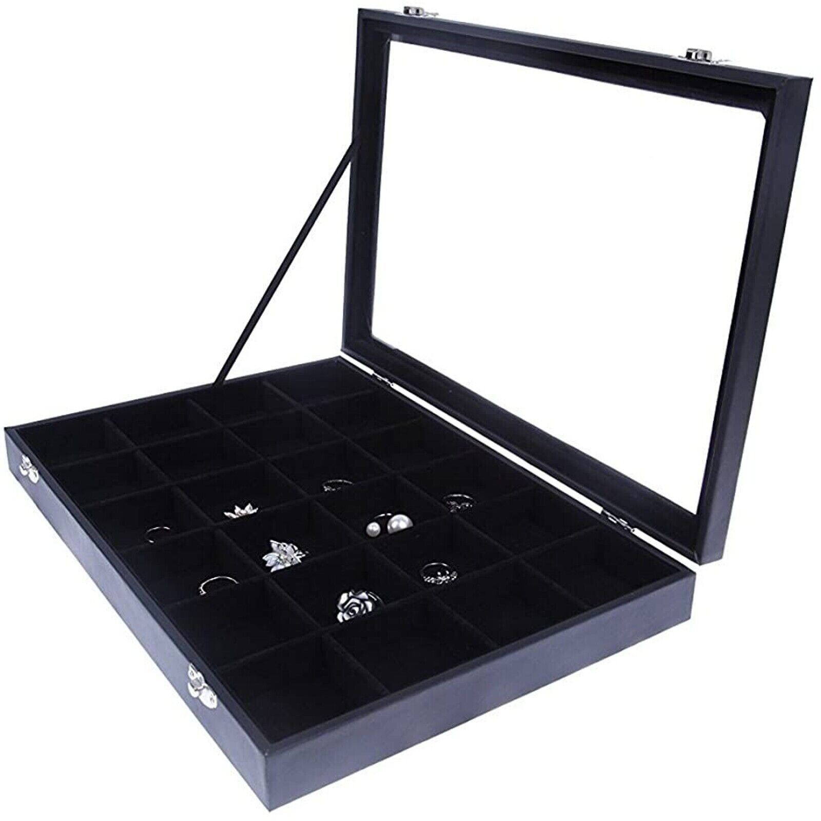 Jewelry Organizer Tray with Clear Lid 24 Grid Velvet Drawer Jewelry Storage