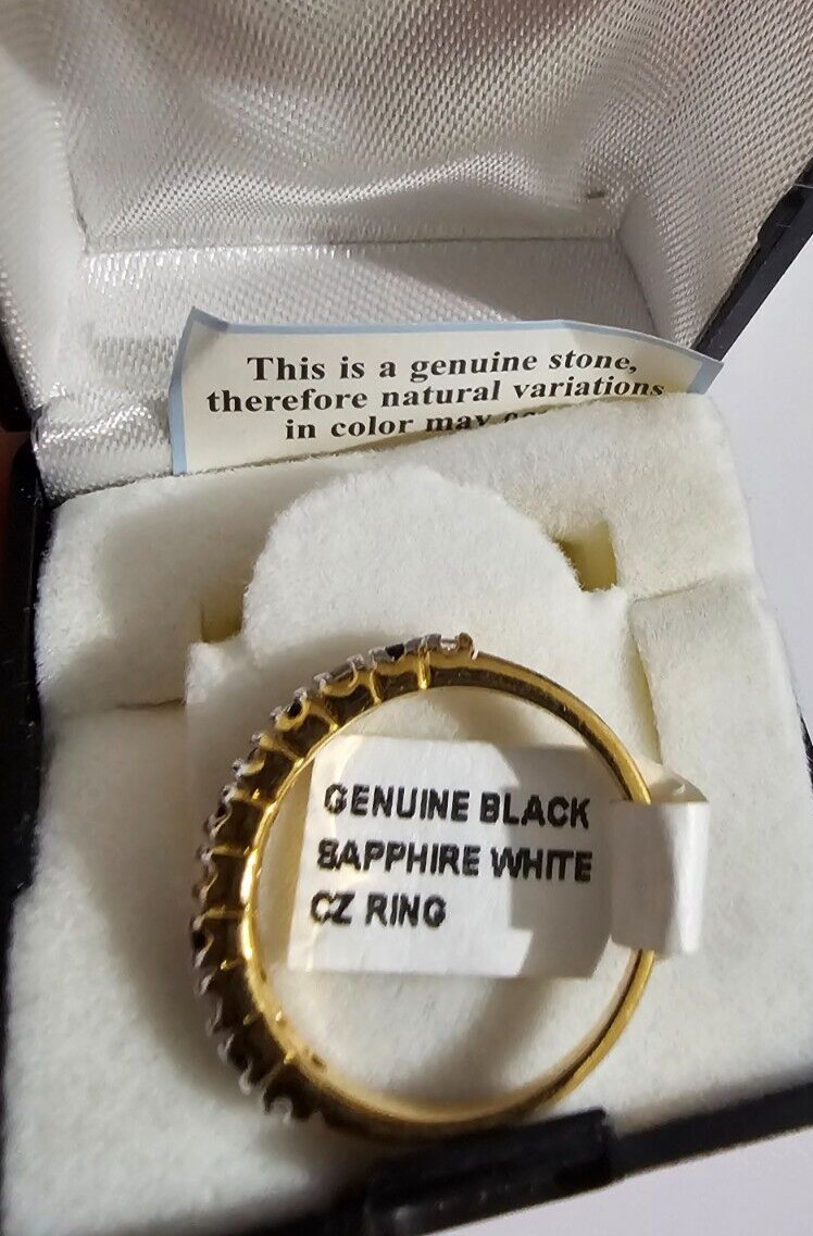 TWO TONE GOLD PLATED GENUINE BLACK SAPPHIRE AND CZ BAND RING SIZE 5 NIB