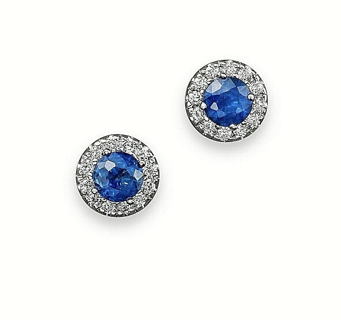 Round Lab Created Sapphire & Diamond Halo Stud Earrings in 14K White Gold Plated