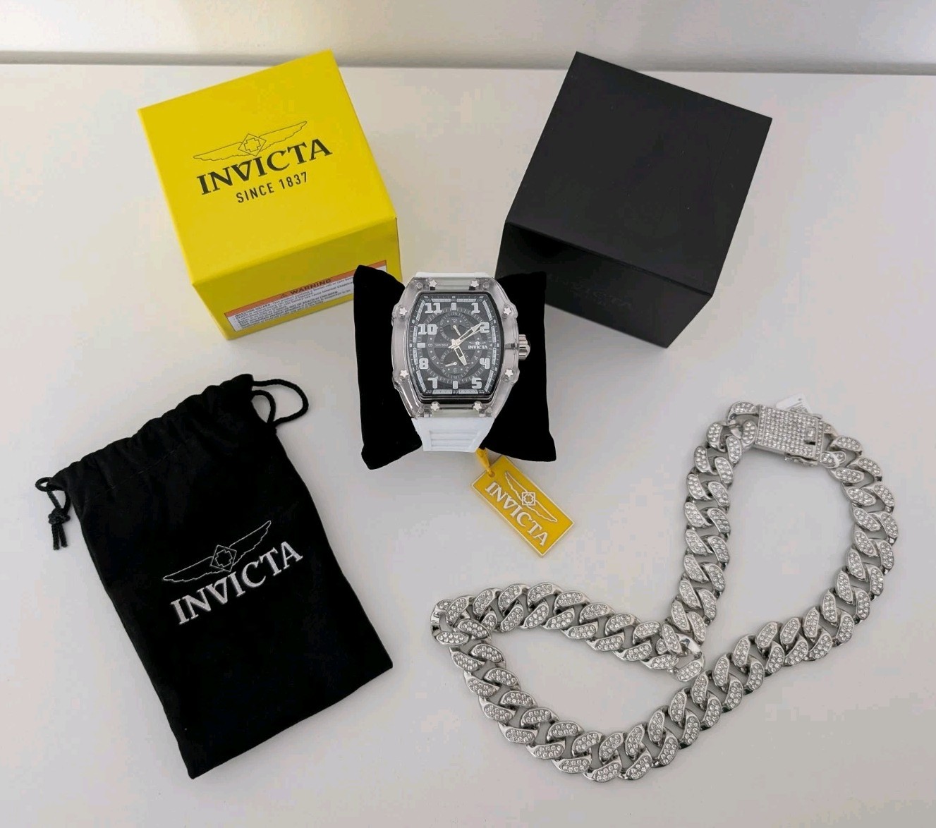 Invicta Racing Cyclone Watch 48.5mm White 48447/Invicta Iced Out Cuban Chain