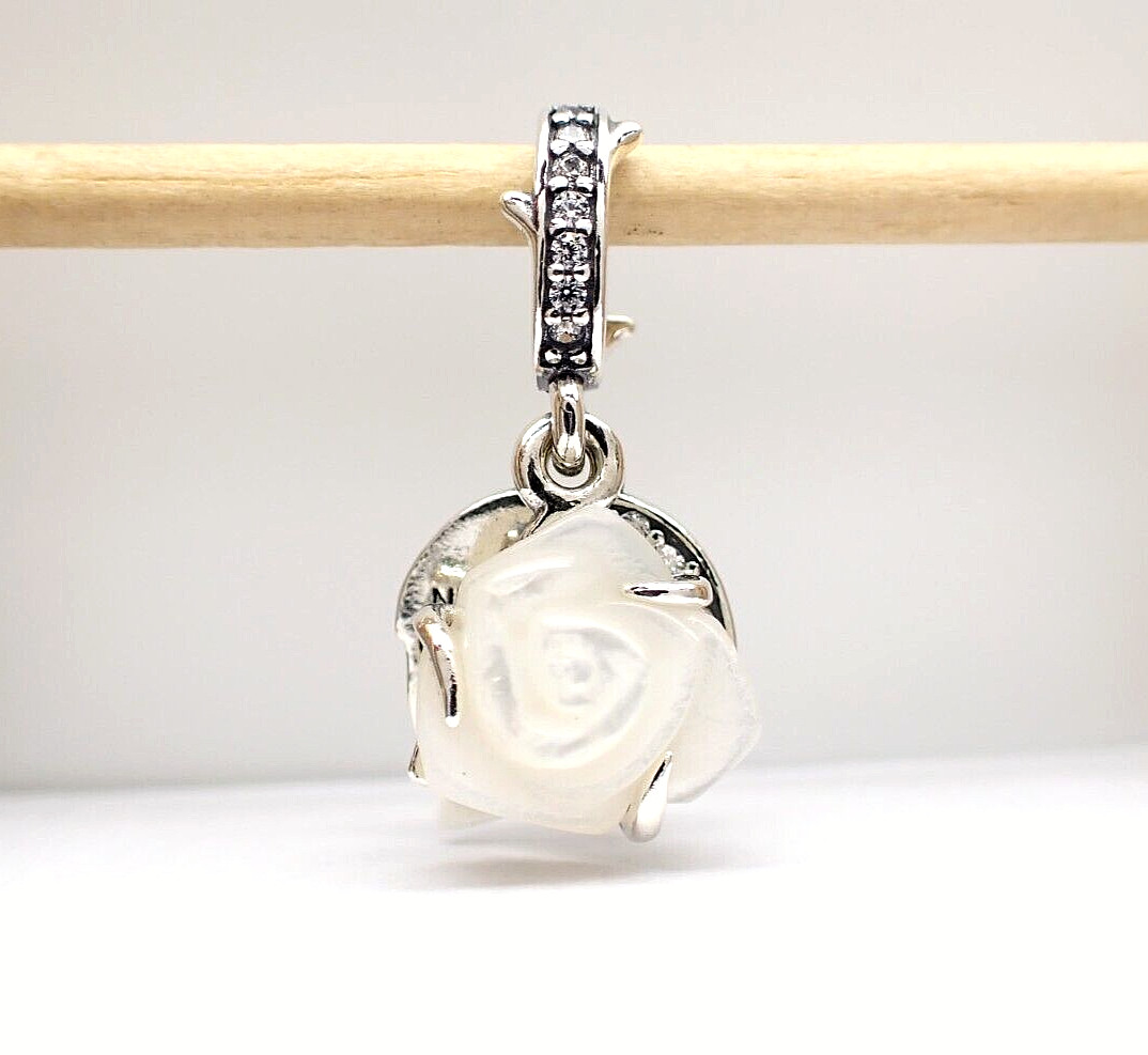 Authentic Pandora #793200C01 White Rose in Bloom Double Dangle Charm