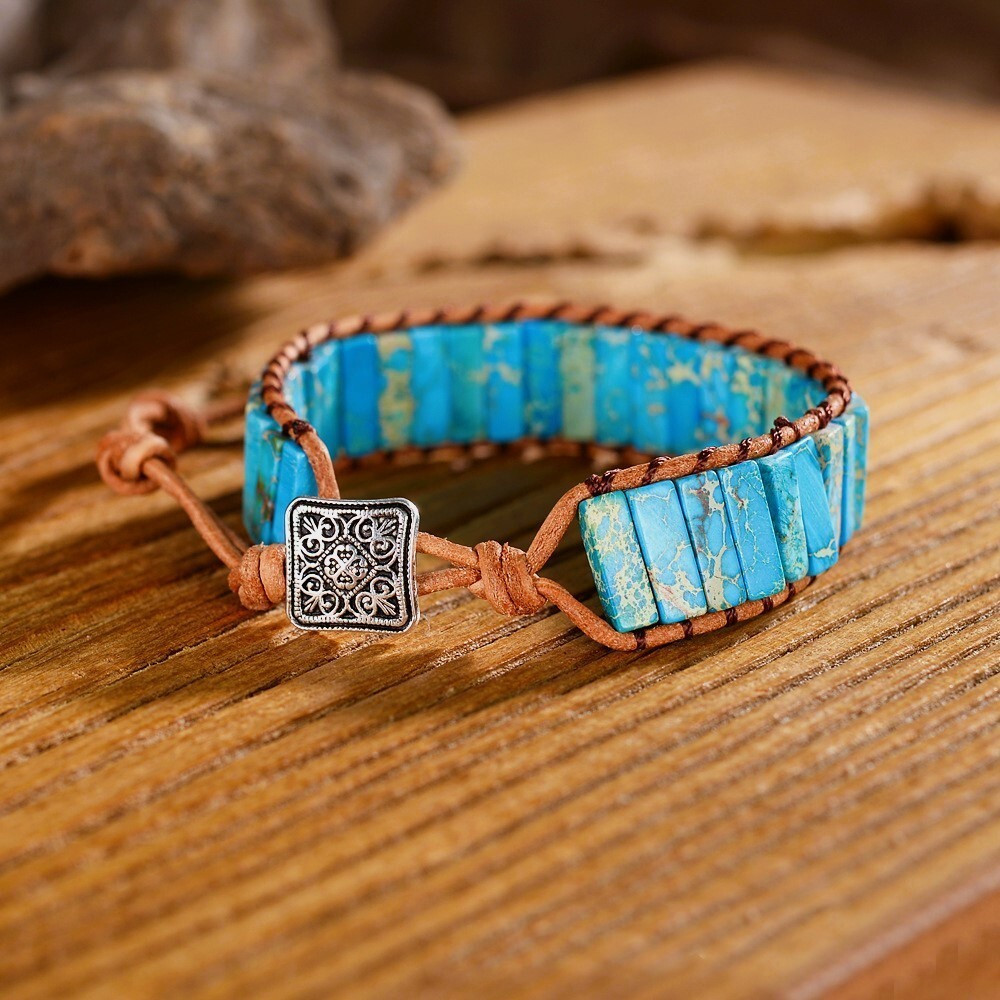 Natural Turquoise Tube Stone Bracelet Leather Braided Healing Reiki Gifts 6.7 in