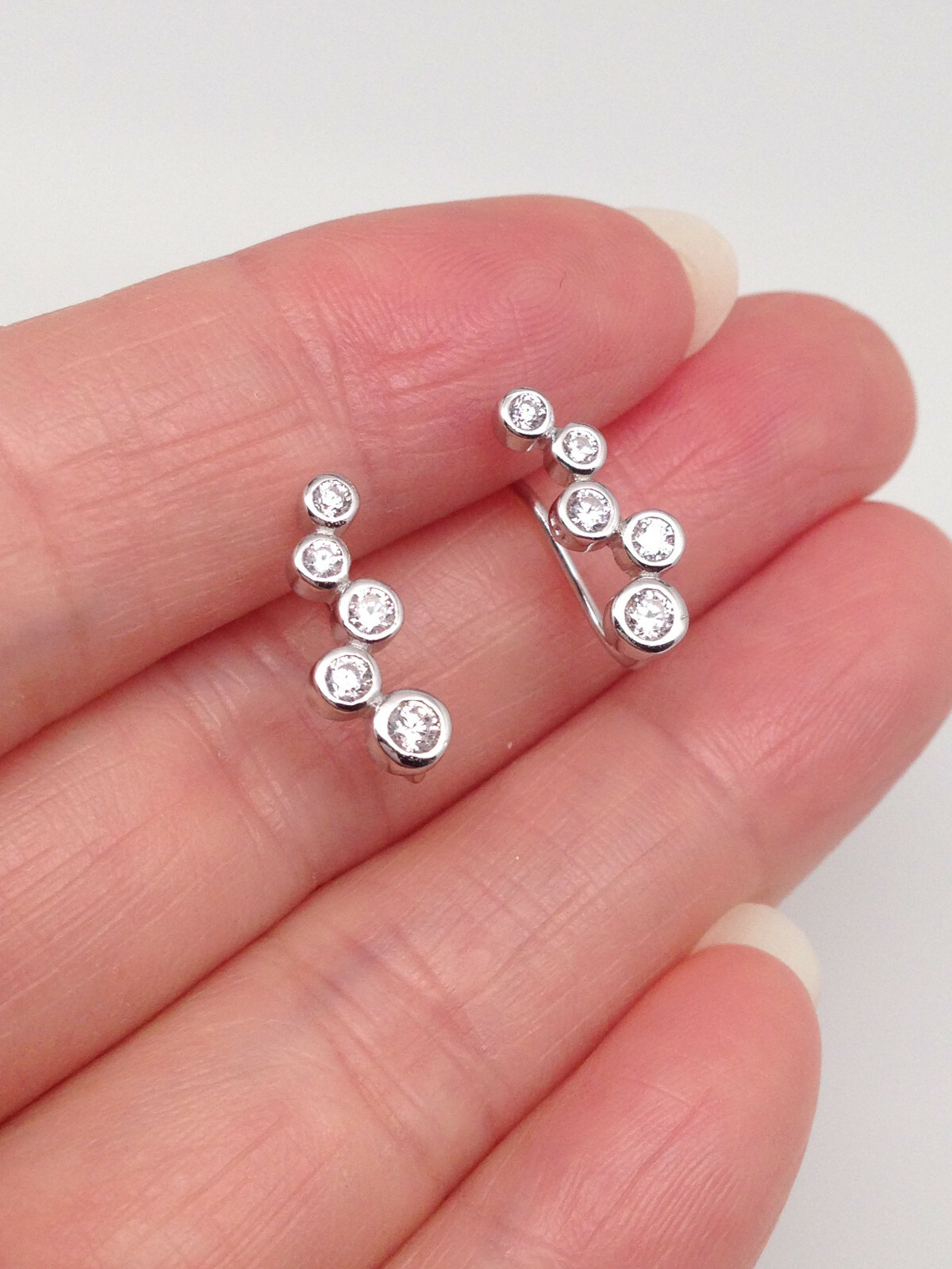 925 Sterling Silver Bezel Cz Bar Ear Vine Climber Earrings 13x5mm (0.51″)