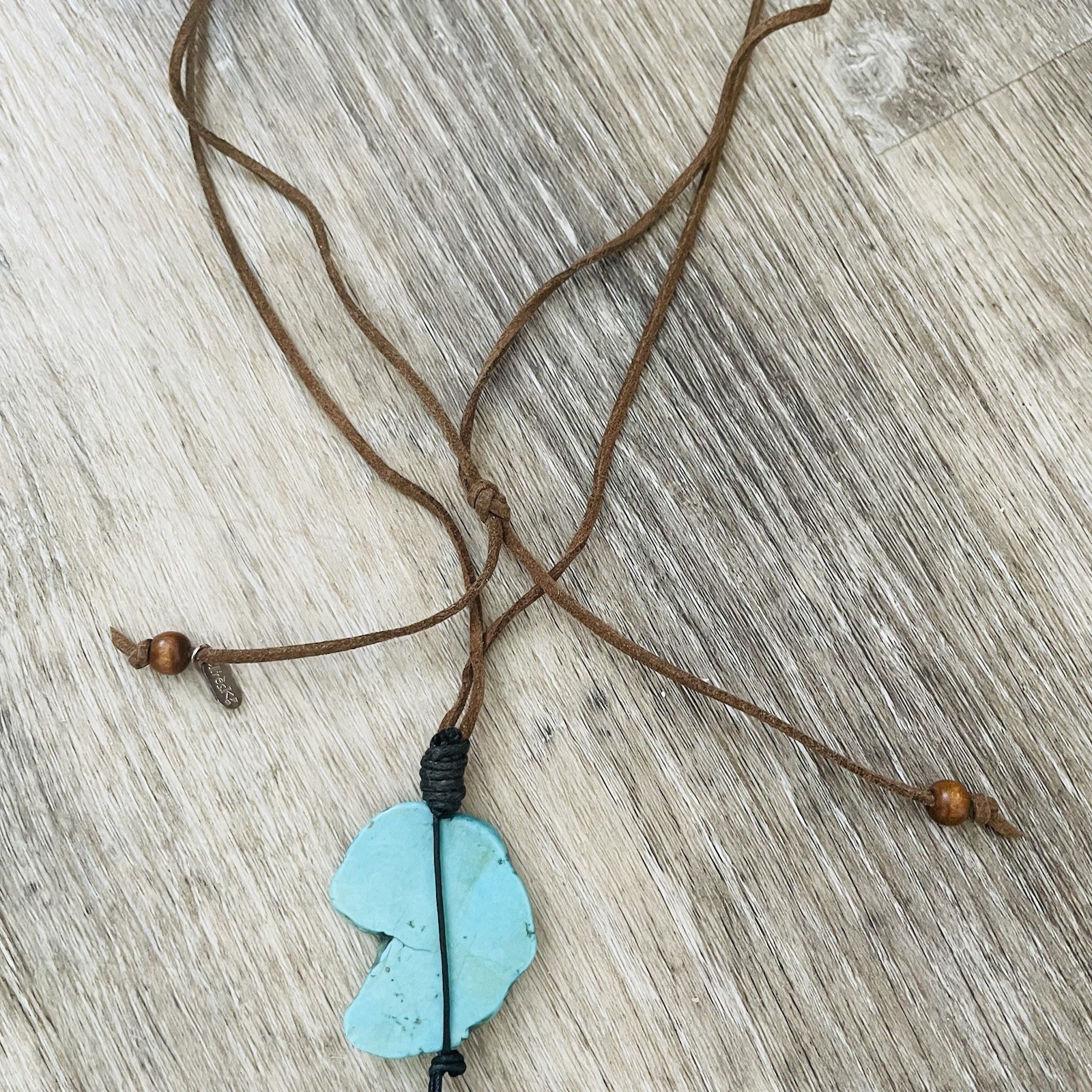 Turquoise Stone Drop Pendant Necklace – Brown Cord