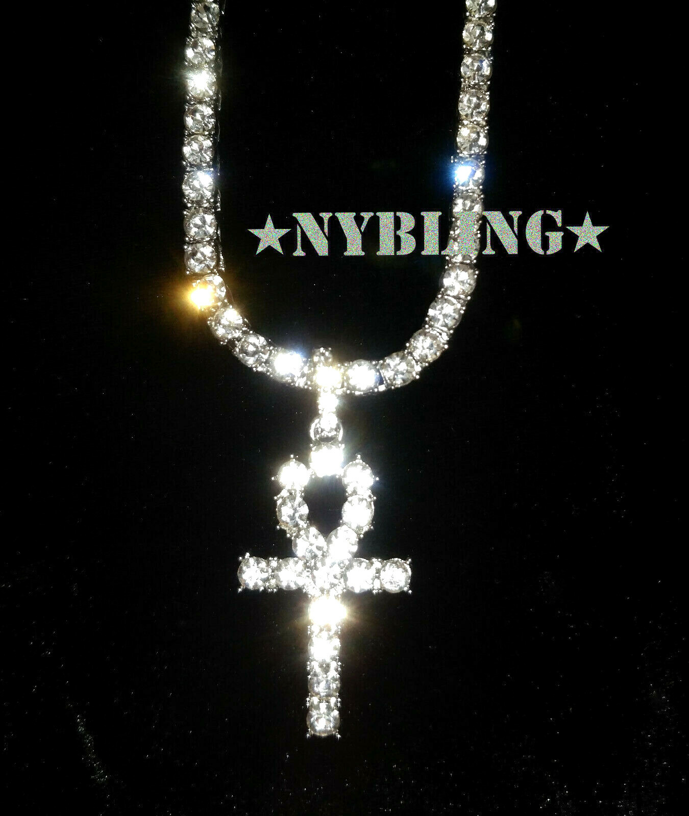 Hip Hop Gold Plated Tennis Chain ANKH Pendant Choker ICED Necklace CZ Jewelry