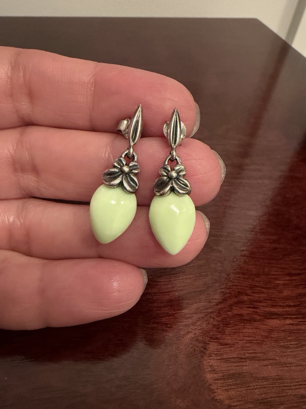 ANN KING ORCHID FLOWER GREEN CHRYSOPRASE DANGLE EARRINGS STERLING SILVER RARE!