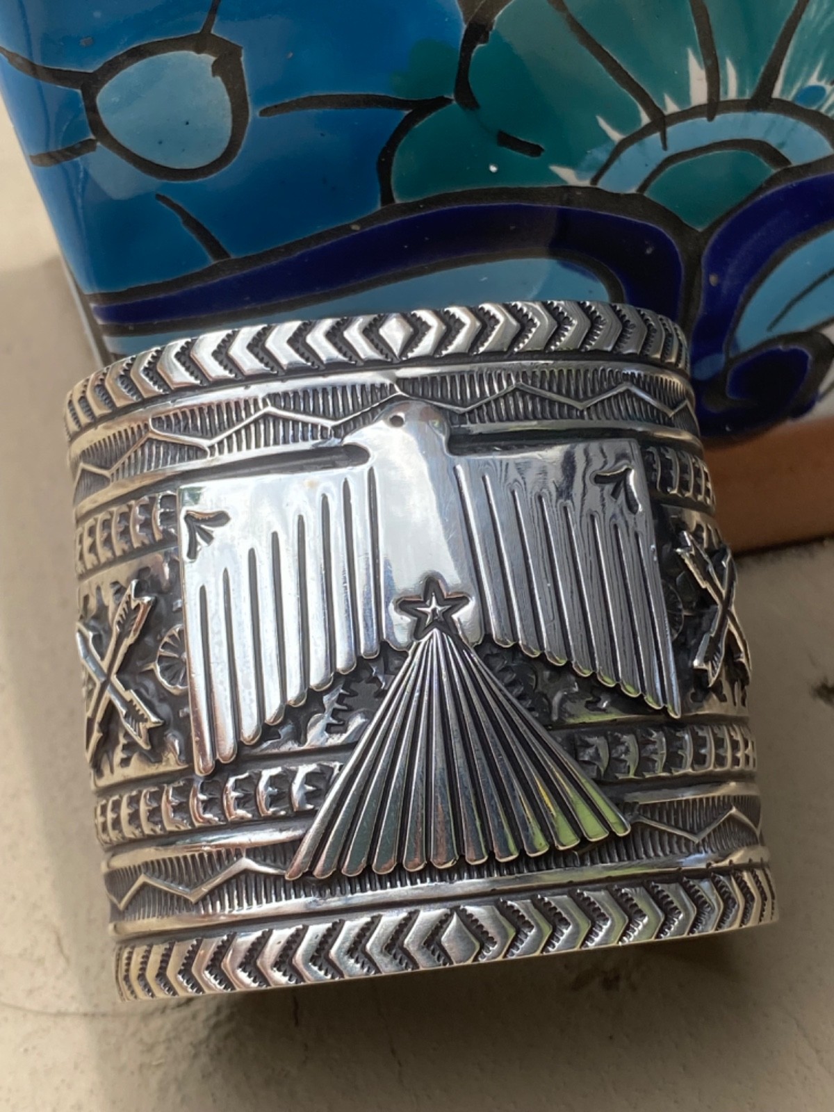 MINT CONDITION Navajo Sunshine Reeves Thunderbird Solid 925 Cuff Bracelet WIDE!!