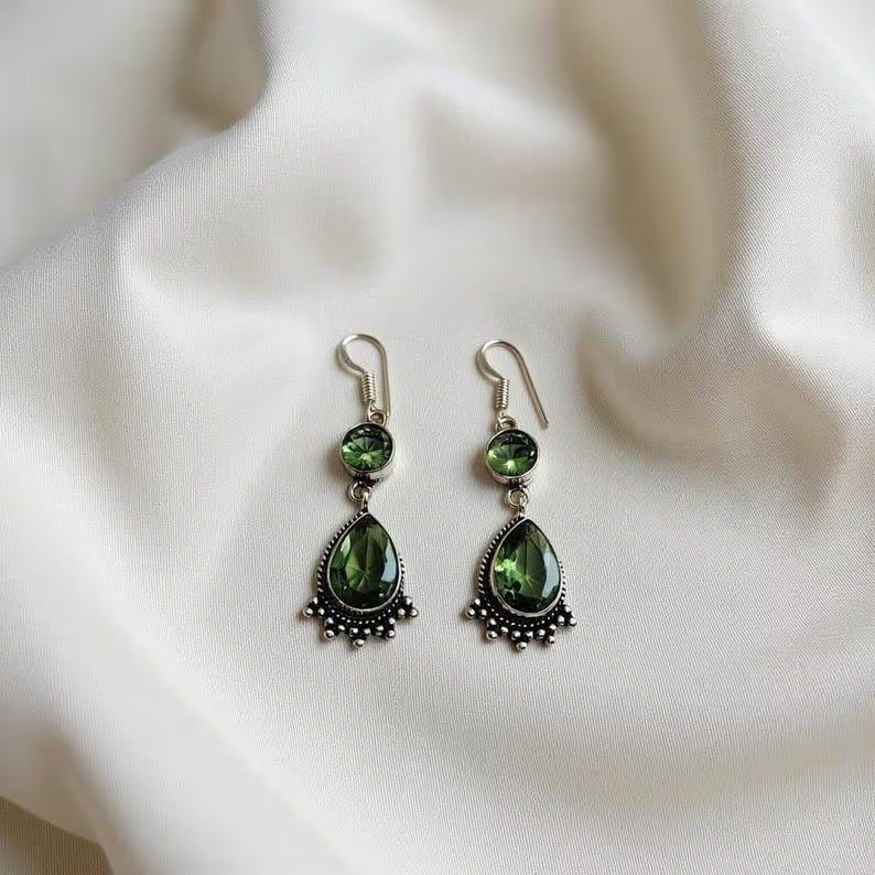 Handmade Peridot Dangle Earrings Antique Silver Teardrop Gemstone Jewelry