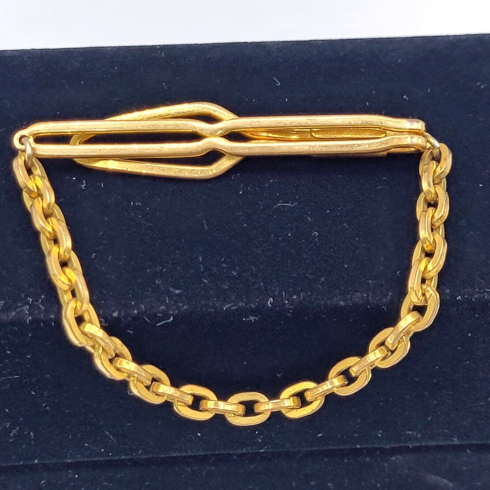Fancy Dress Formal Vintage Gold Tone Brass Plate Tie Bar Clasp Cable Chain 1930s