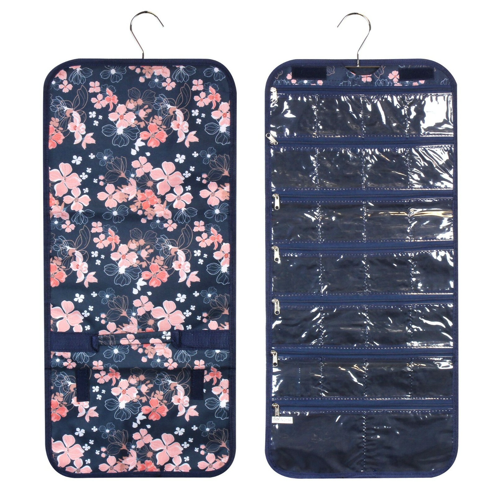 Jewelry Hanging Travel Organizer Jewelry Roll Up Bag Holder Pink Cherry Flowers