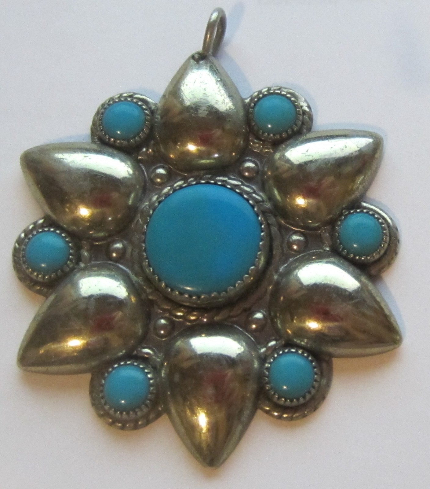 Vintage Nickle Silver Faux Turquoise star burst pendent Bell Trading Post
