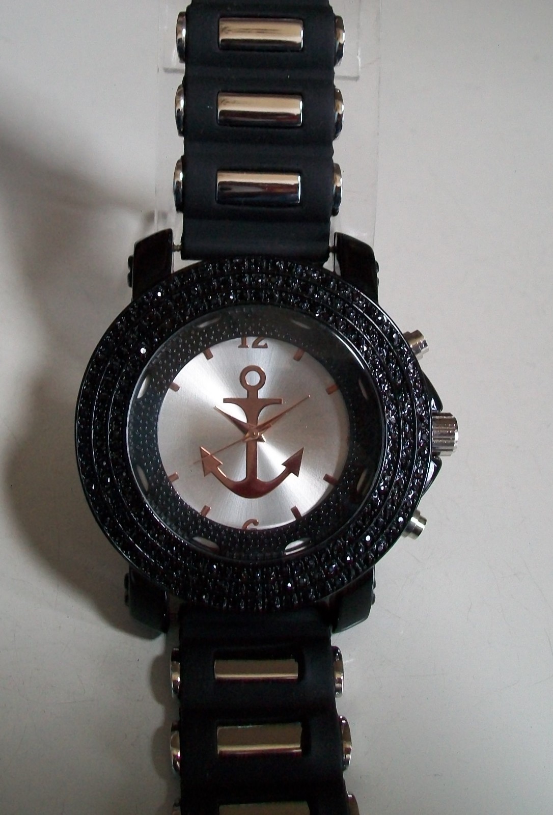 Black, Silver & Rose Gold Finish Anchor Silicone Band Fashion Casual Watch