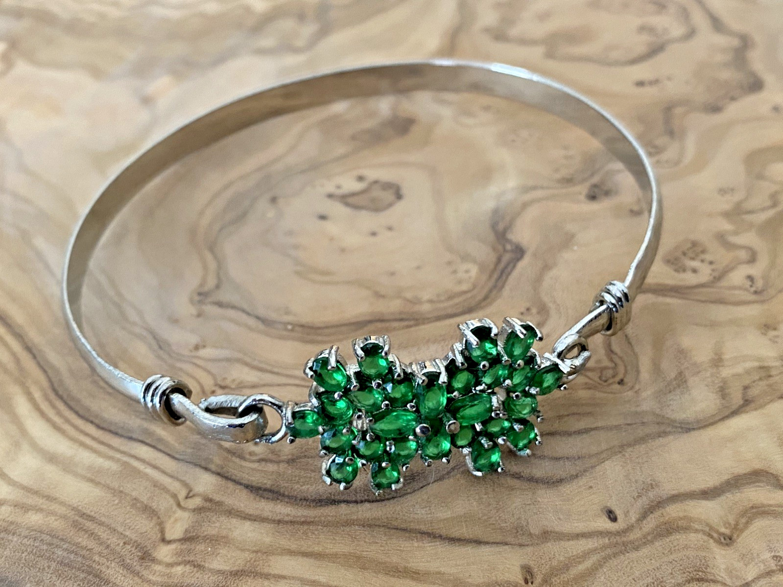 Green Emerald Glass Floral Bangle Bracelet, 925 Sterling Silver, 2.8 in W