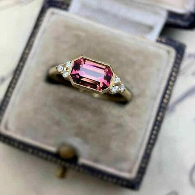 3Ct Emerald Cut Lab Created Pink Tourmaline Wedding Ring 14K Yellow Gold Finish