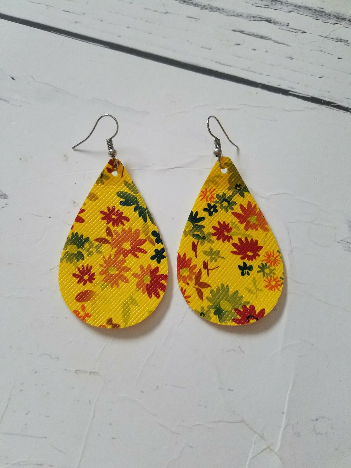 faux Leather fabric Teardrop Earrings only $4 per pair canary mustard floral