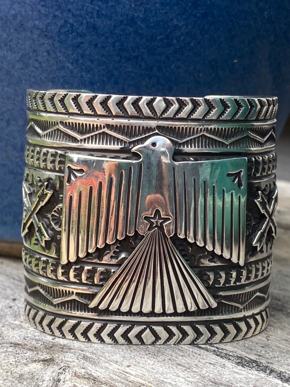 MINT CONDITION Navajo Sunshine Reeves Thunderbird Solid 925 Cuff Bracelet WIDE!!
