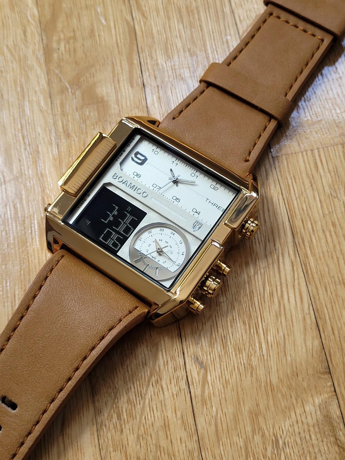 BOAMIGO Big Square Dial 3 TimeZone Stylish Watch For Men