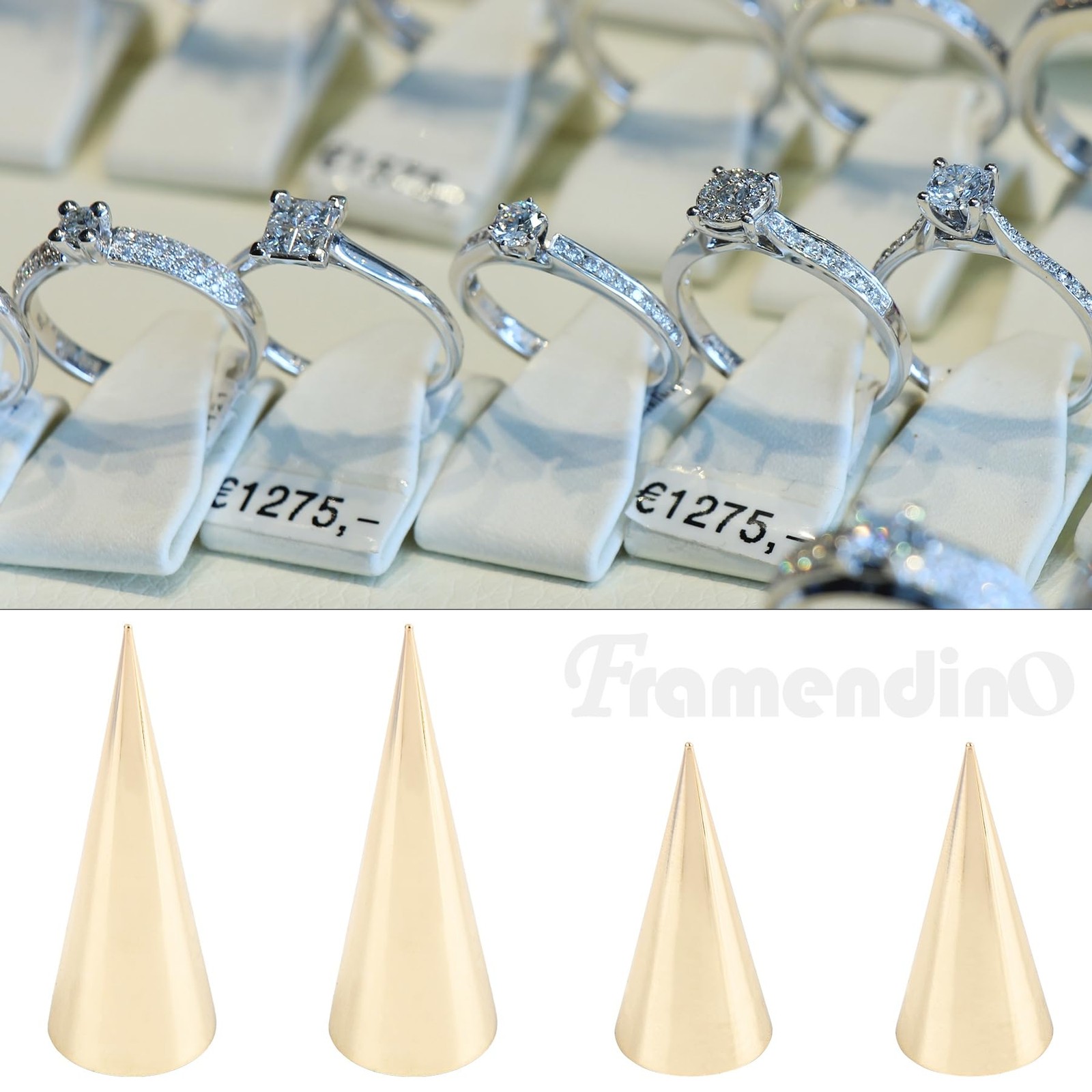 Framendino, 4 Pack 2 Sizes Metal Ring Holder Cone Shape Display Stand for Jew…