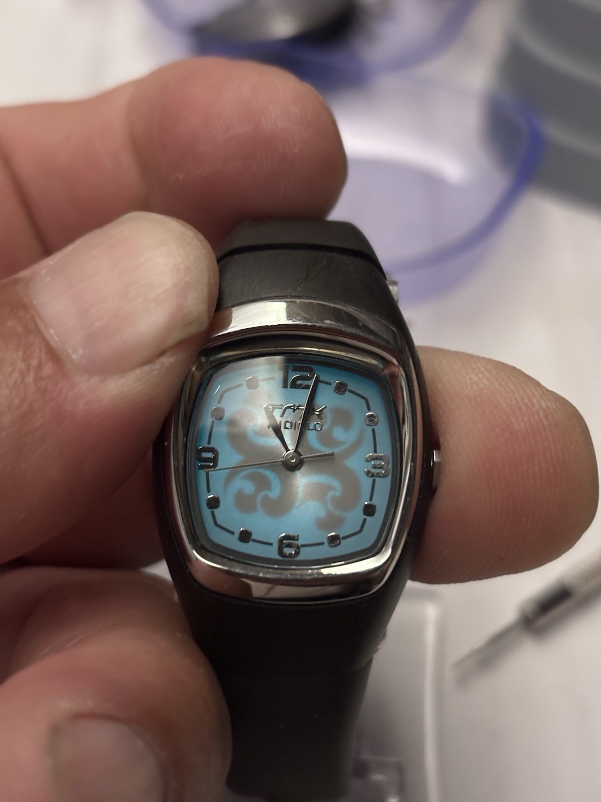 Timex Indigo Analog Quartz 100m Black Rubber Strap Cushion Case Floral Dial