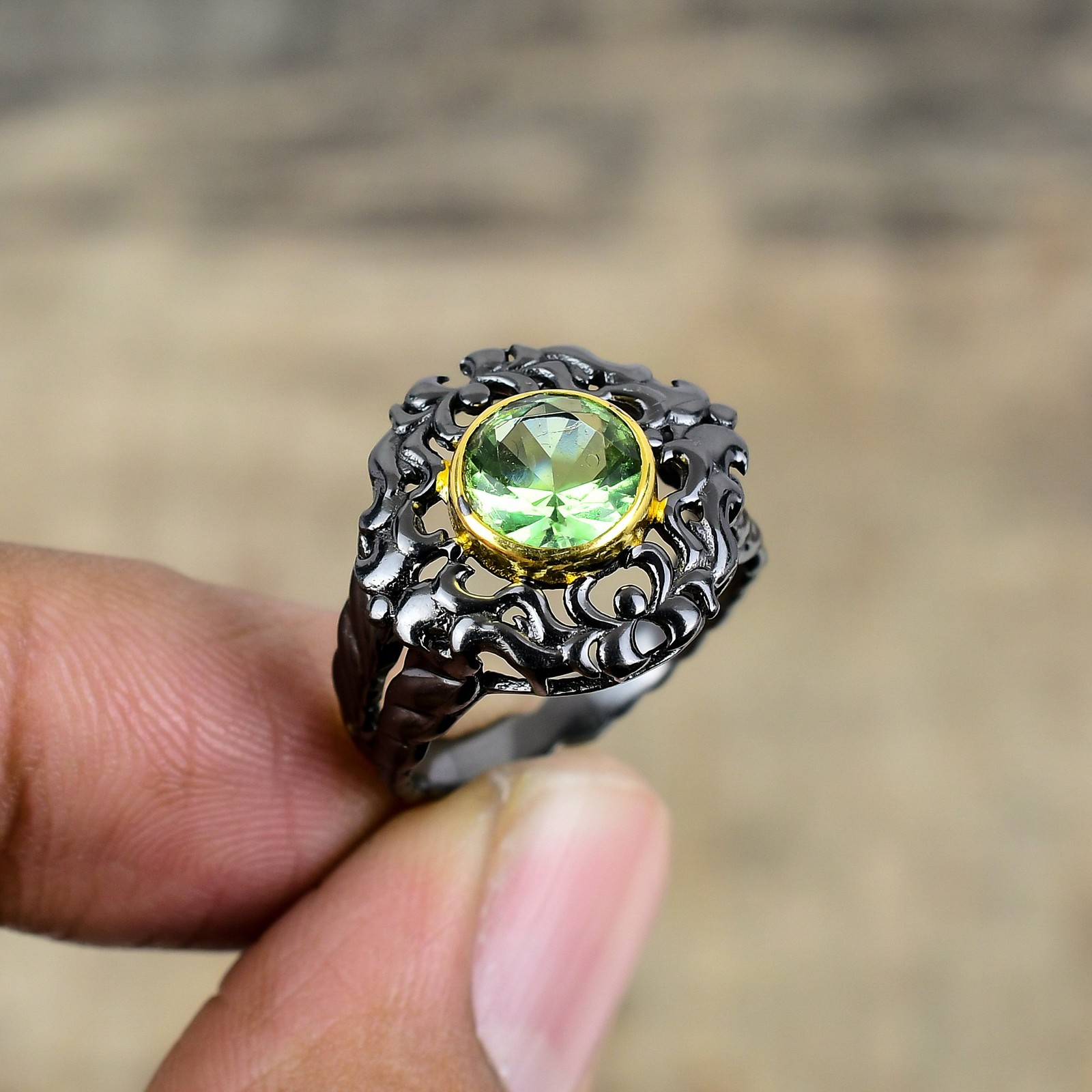 Green Amethyst Black And Gold Plated 925 Sterling Silver Ring S.7.5 R87014