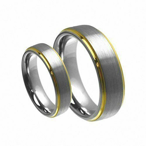 His & Her’s 8MM/6MM Tungsten Carbide Gold Step Edge Brush Wedding Band Ring set