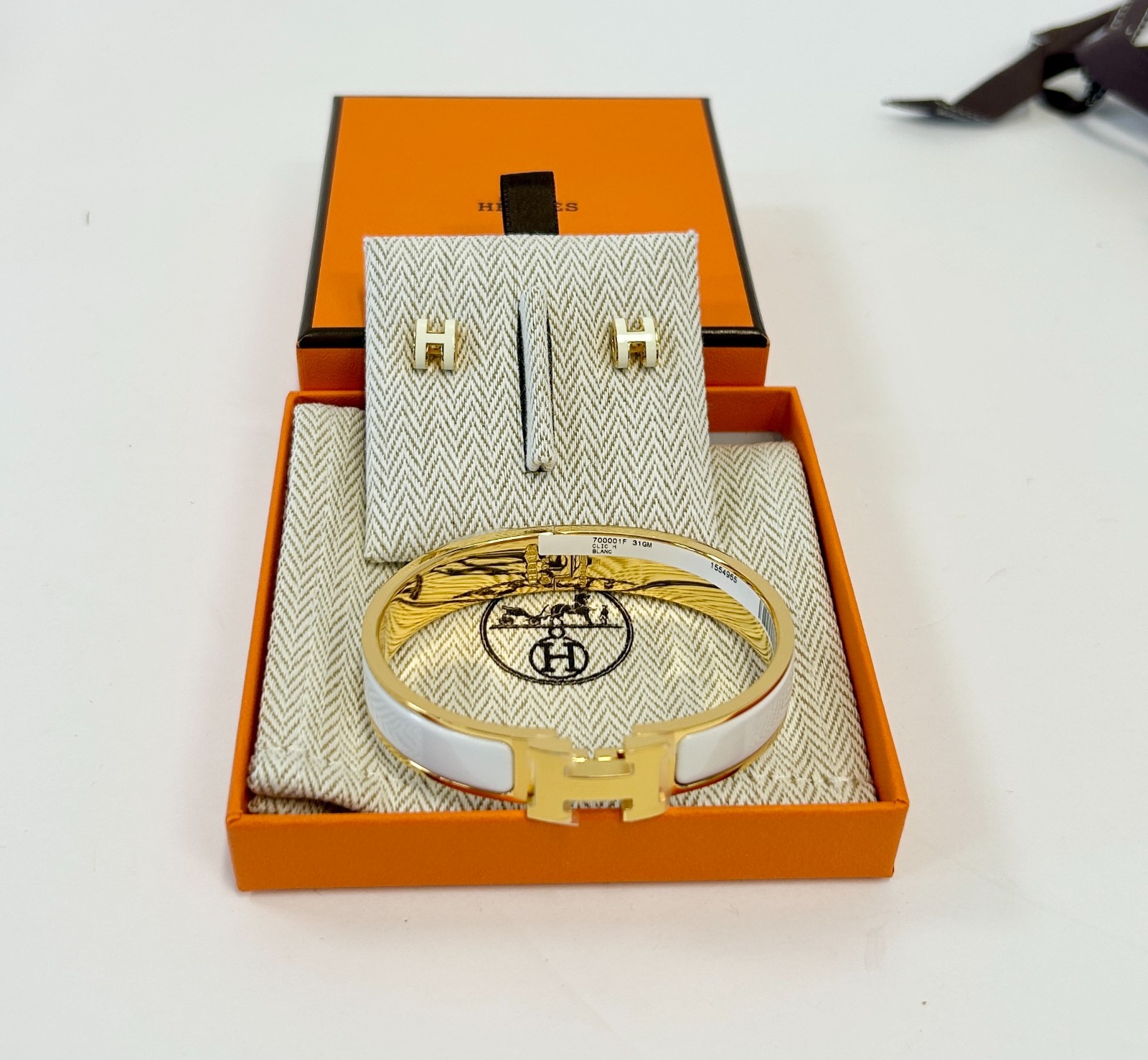 Hermès Mini Pop H Earrings & Clic H Bracelet Blanc White Gold Plated Set NEW