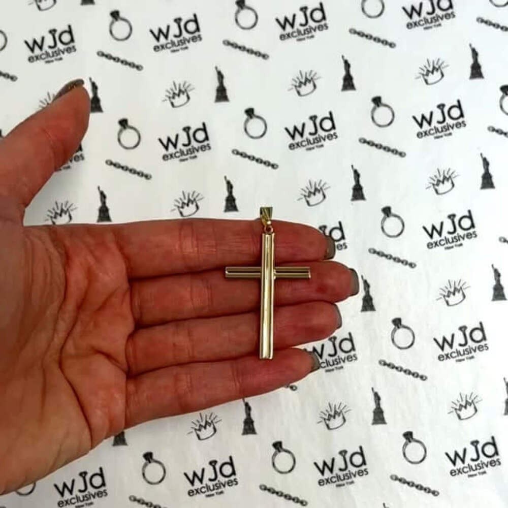 14K Yellow Gold Modern Cross Pendant 1.8″