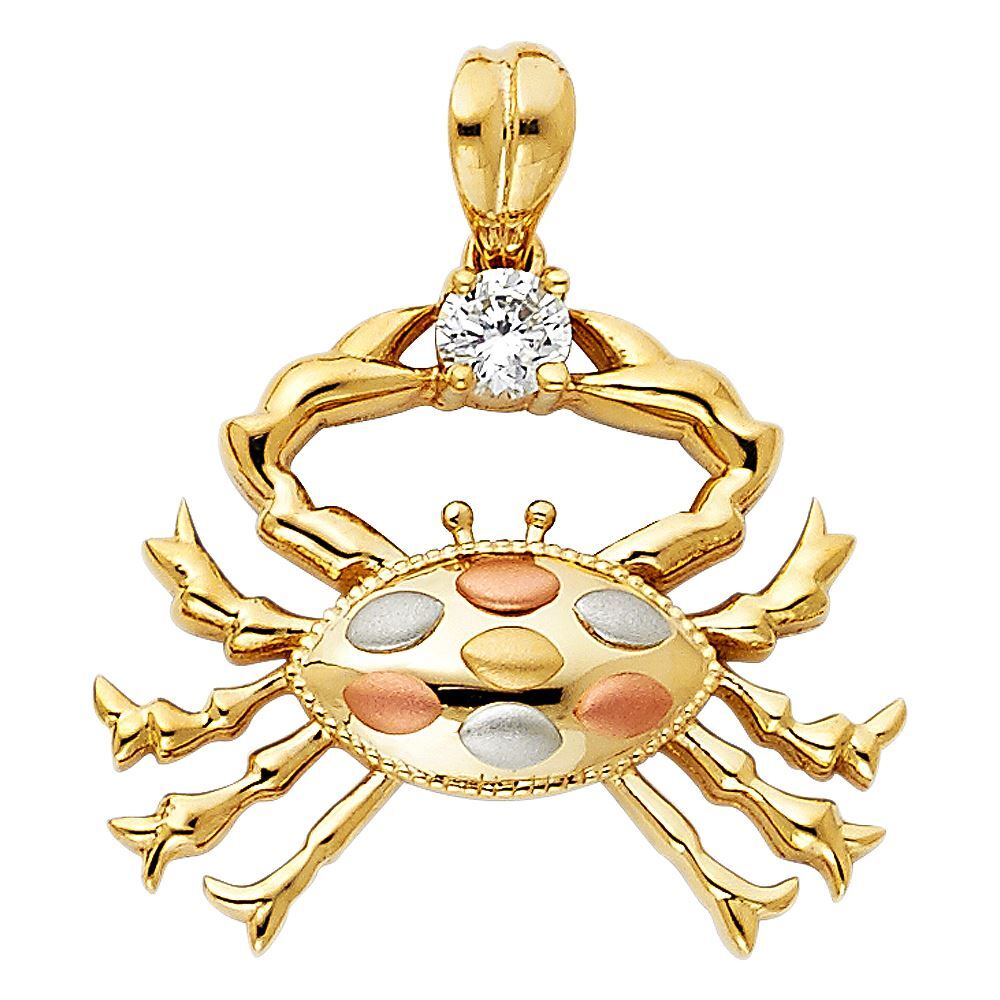 14K Tri Color Gold CZ Crab Charm Pendant & 1.2mm Box Chain Necklace