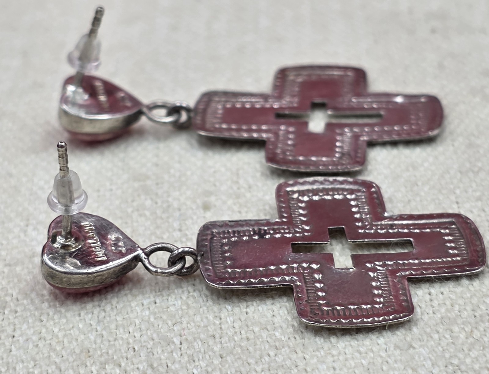 Sterling Silver Stamped Cross Pink Heart Dangle Earrings