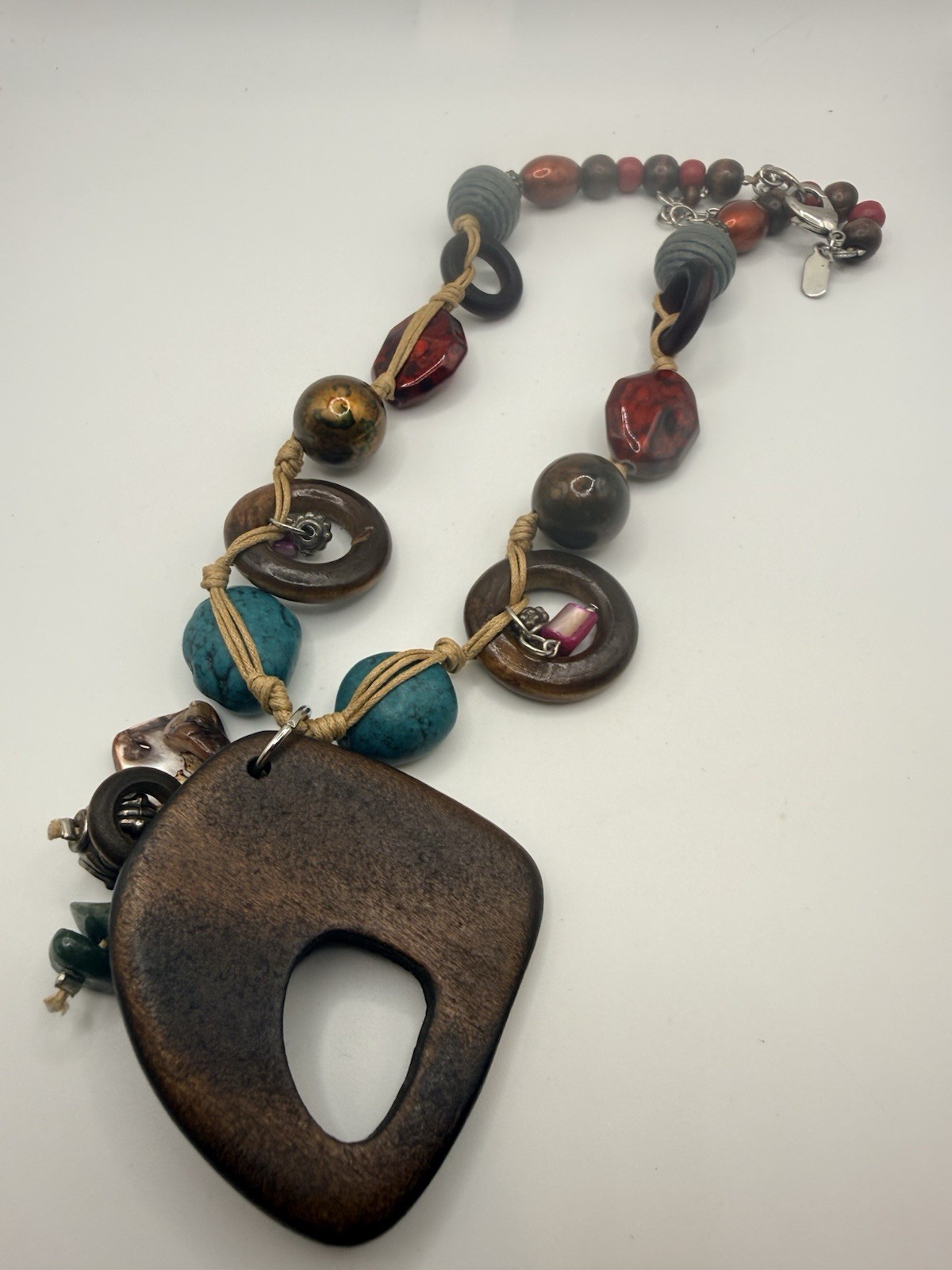 Treska Necklace Boho Statement Mixed Media Wood Faux Turquoise Bead Artsy 17-20”