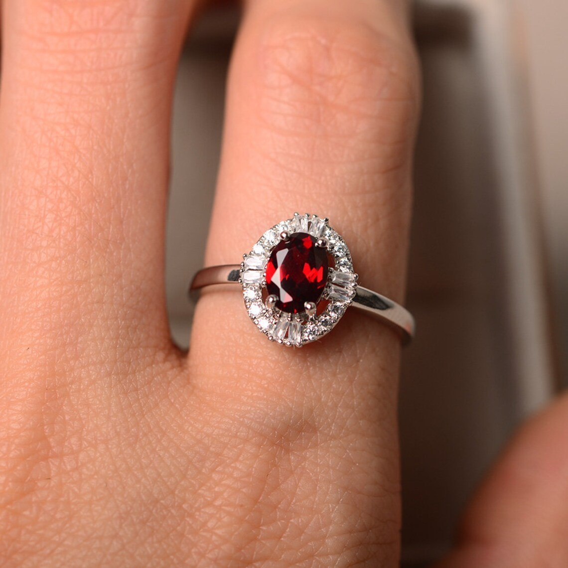 2CT Garnet Oval Gemstone 925 Silver Plated Halo Ring Duty Free