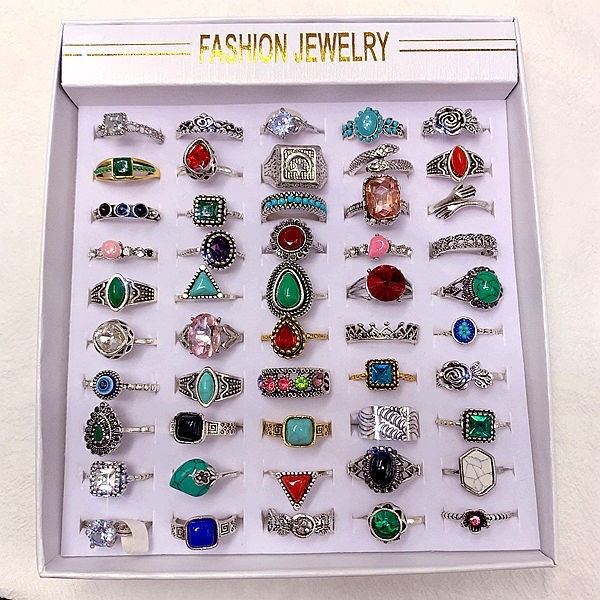 50pcs Bulk Lots Vintage Crystal Stone Mix Plated antique silver Jewelry Ring