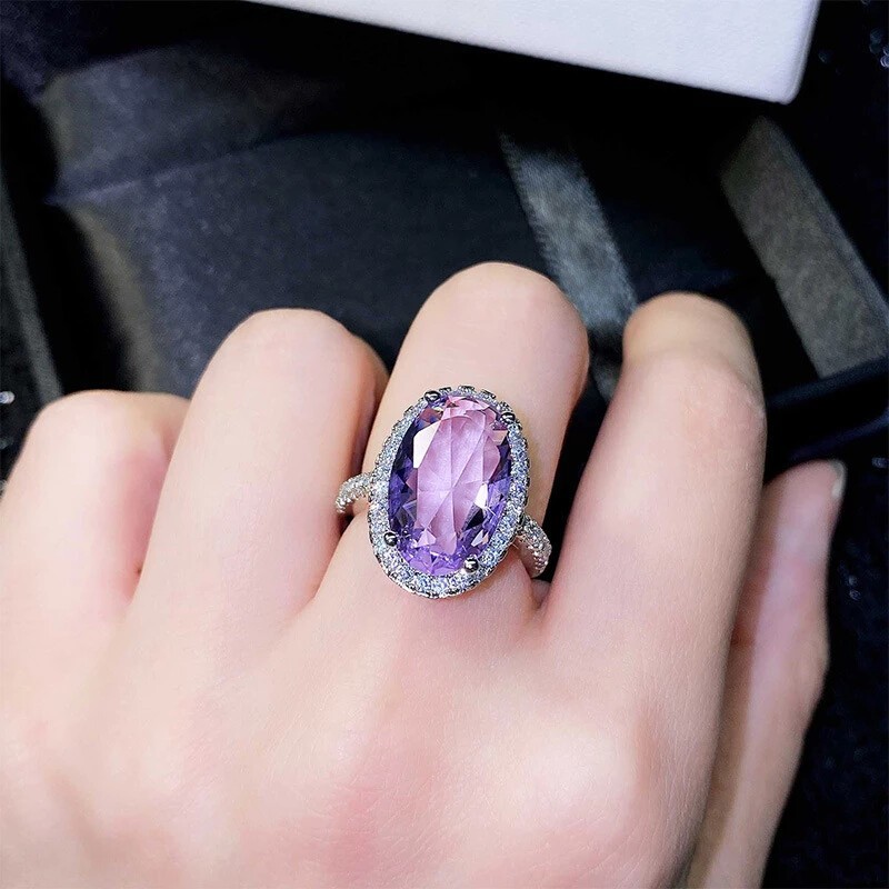 4Ct Oval Cut Lab Created Amethyst Diamond Halo Engagement Ring White Gold Plated