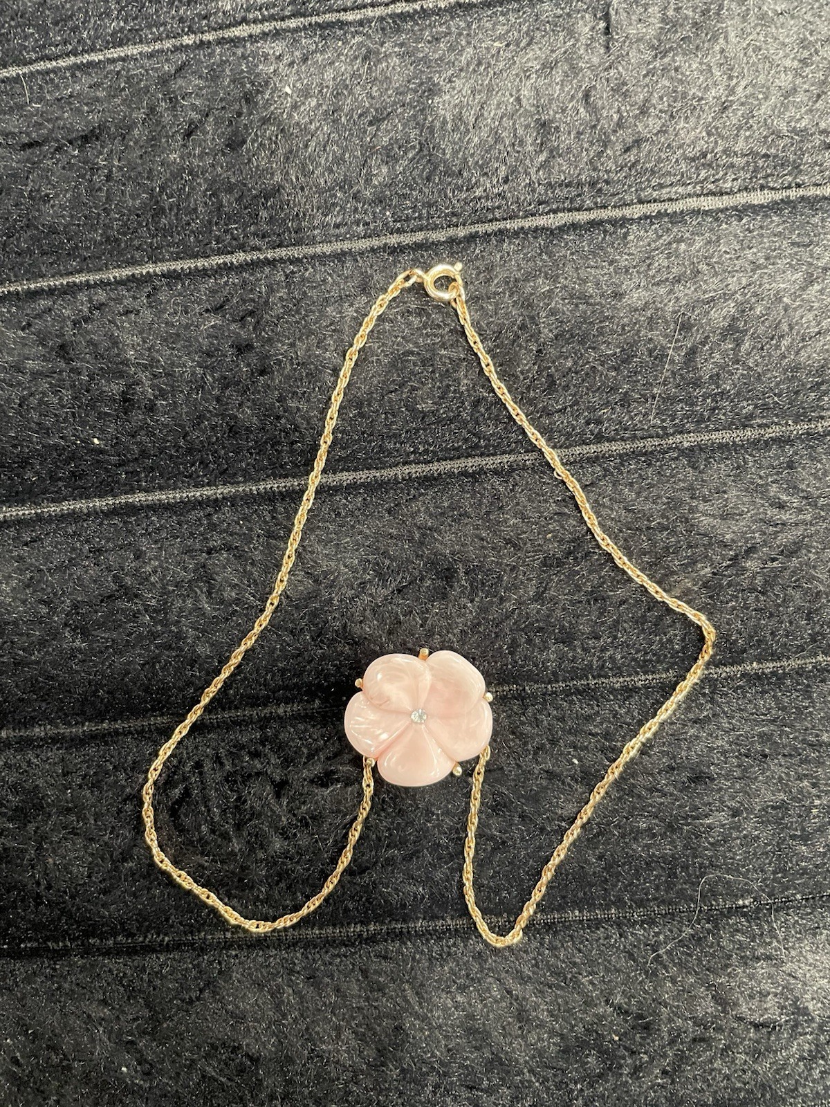 Vintage Avon Pink Carved Flower Pendant Necklace Gold Tone Rhinestone Center