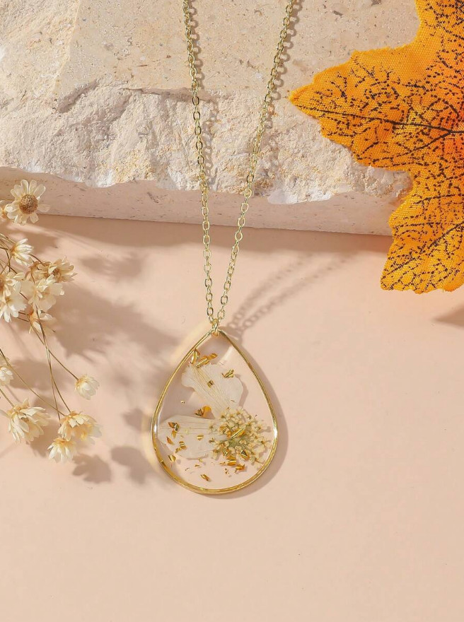 1 PCS Dried Pressed Daisy Real Flower Resin Pendant Necklace Handmade Chain USA