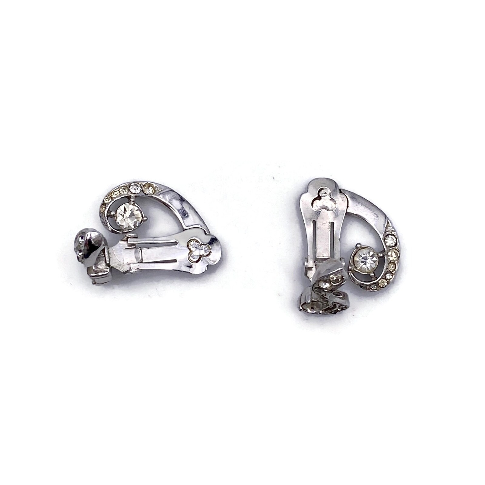 1950s Mid Century Style Silver Tone and Rhinestone Vintage Clip on Earrings.