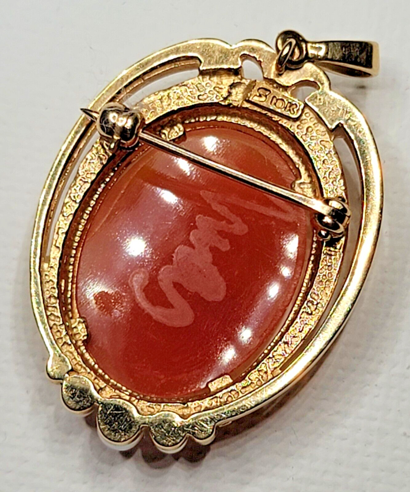 Vintage SIGNED S 10K Yellow Gold Carved Cameo Pearl Brooch / Pendant 7.68g