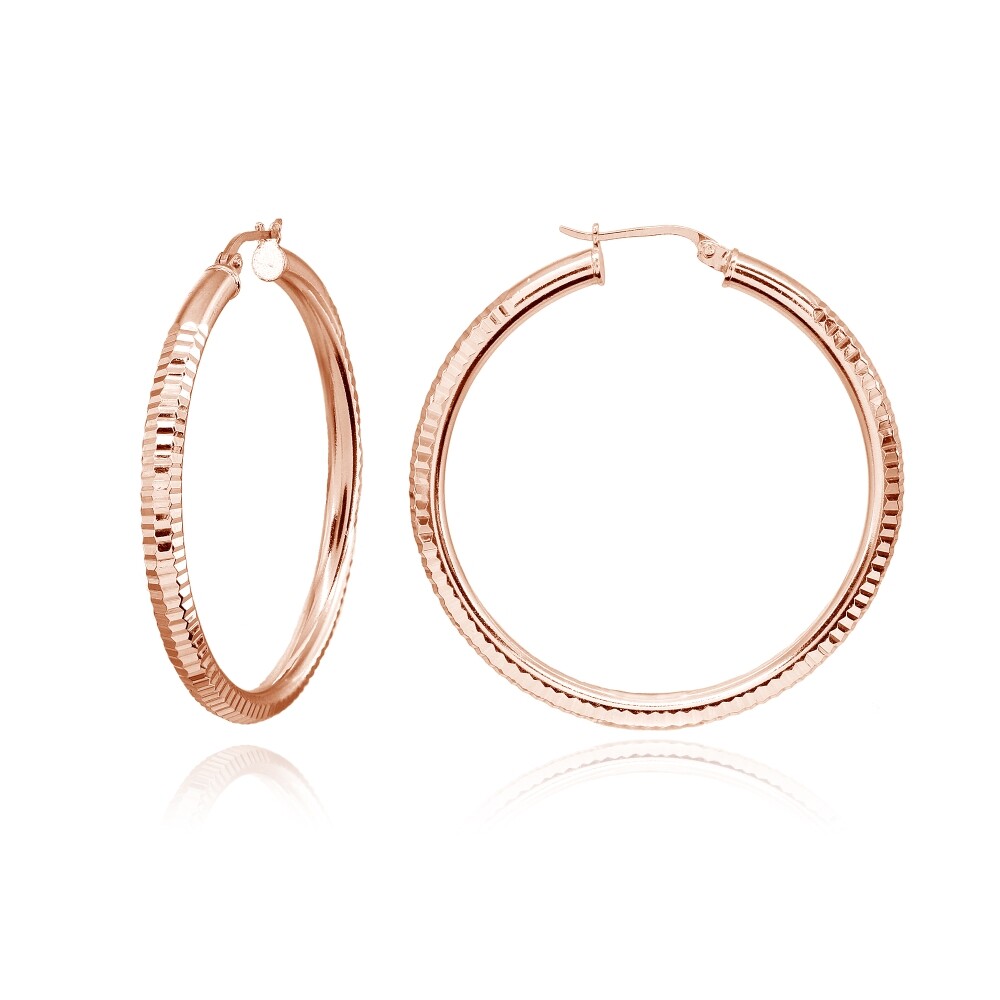 Polished Diamond-Cut Click-Top Round Rose Gold Plated Silver 40mmHoop Earrings