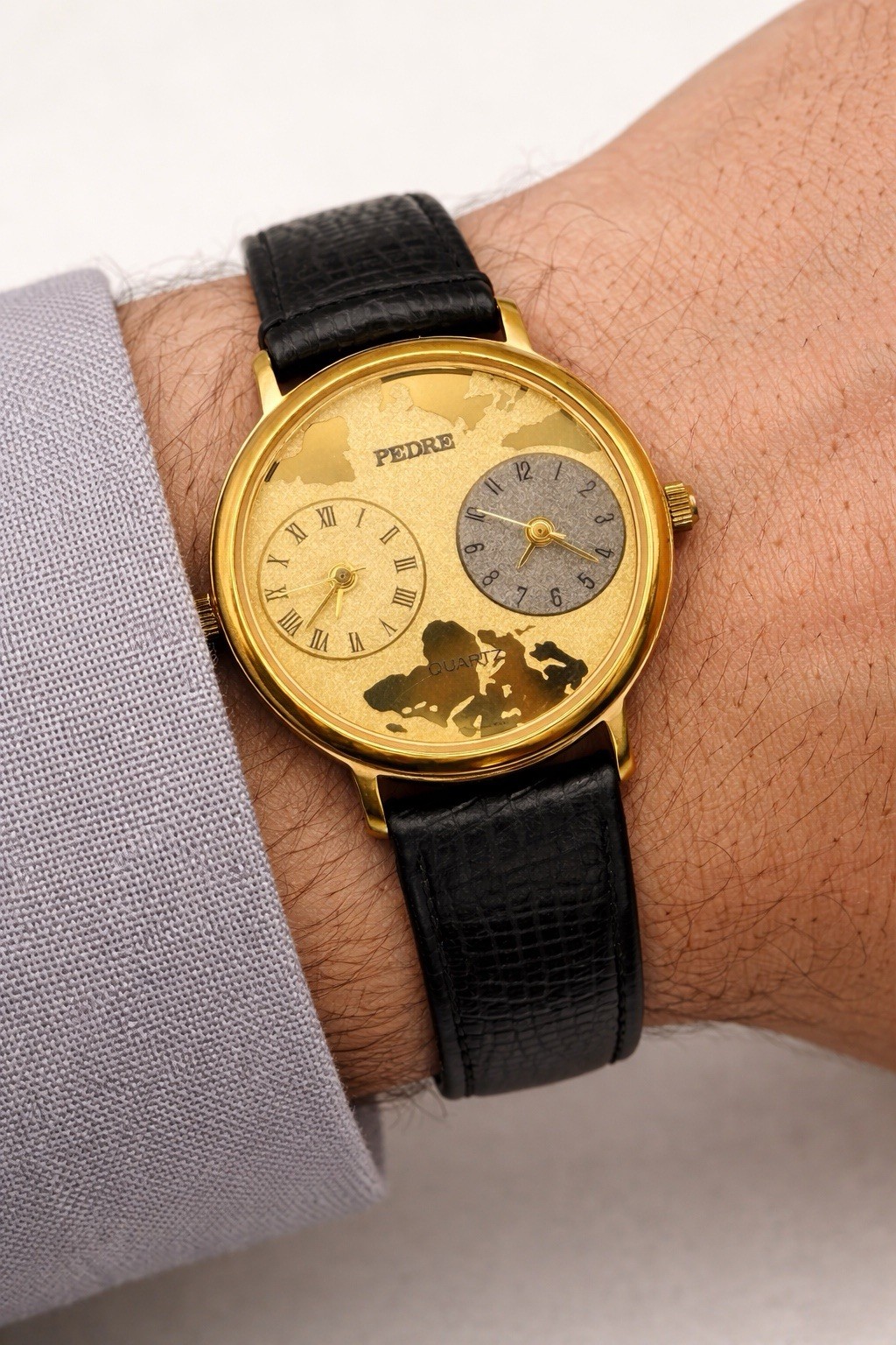 Vtg Pedre Dual Time Gold Tone Black Leather Quartz Watch World Map 2 Sub-dials