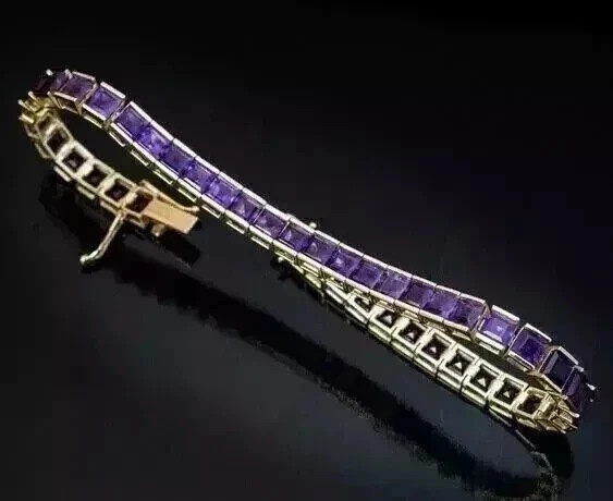 10Ct Princess Lab Created Purple Amethyst Tennis Bracelet 14K Yellow Gold Plated